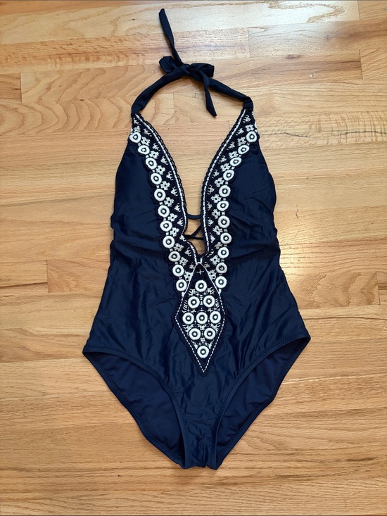 Kona Sol Other - Kona Sol Dark Navy & White Embroidered Halter One-Piece Swimsuit (Size Medium)